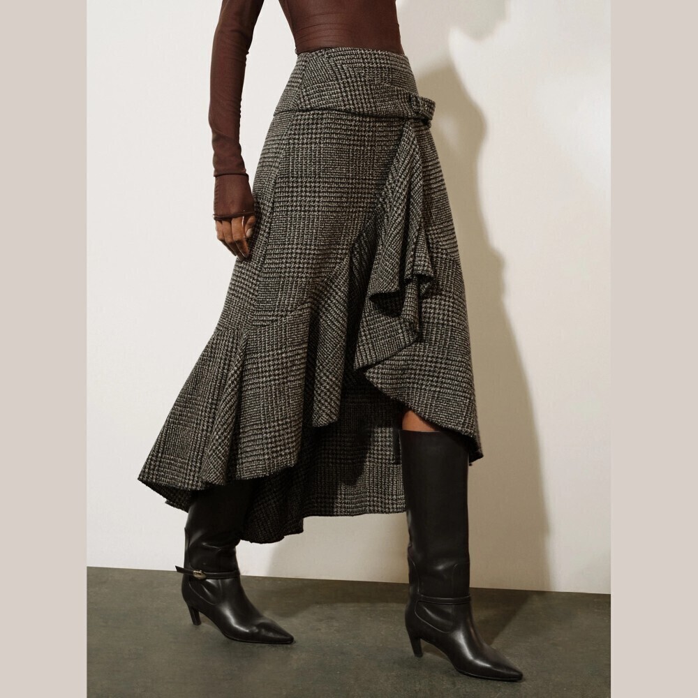 Brown Houndstooth Ruffled High Low Asymmetric Maxi Skirt